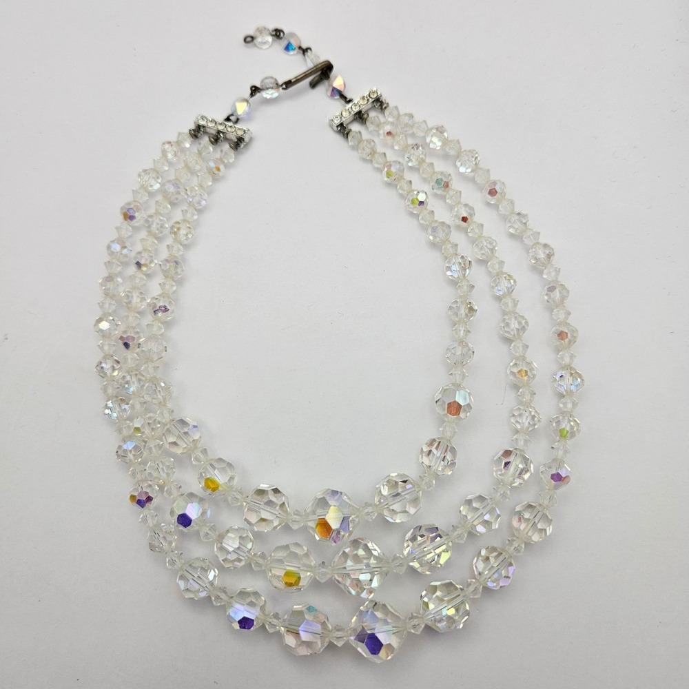 Vintage Triple Strand Aurora Borealis Crystal Graduated Bead Necklace